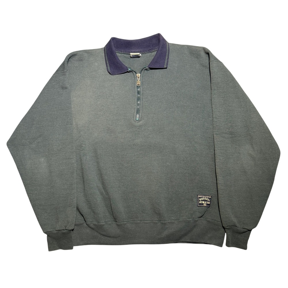 Vintage Russell Athletic Quarter Zip Sweatshirt Green Navy Made in USA Large
